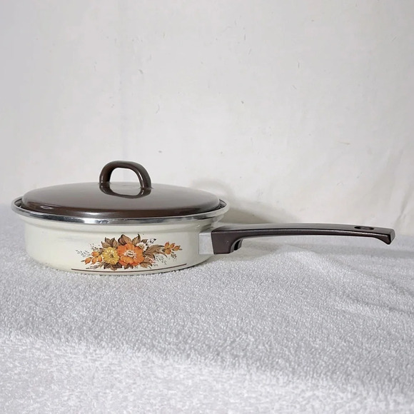 Vintage Enamelware Autumn Flowers Skillet Frying Pan  With Lid - Picture 1 of 15